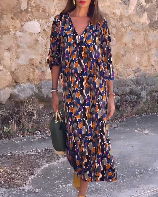 Lorina™ - Robe col V imprimé rétro