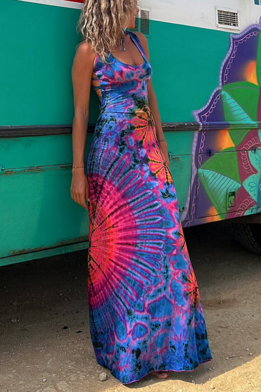 Junaria™ - Robe maxi avec imprimé tie-dye, lacée à l'arrière, extensible (avec soutien-gorge intégré)