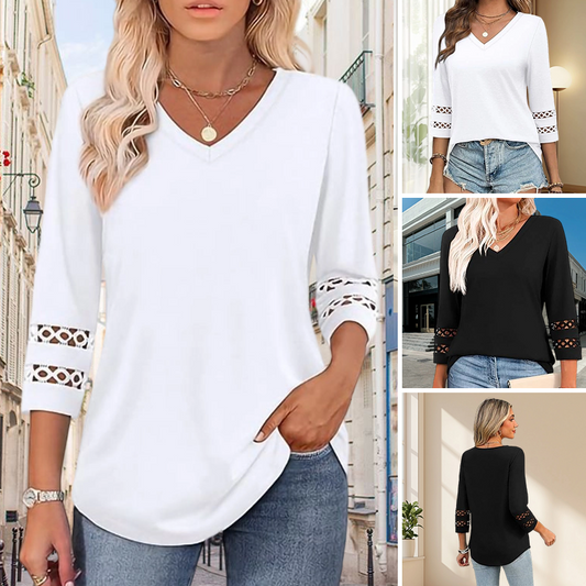 Heliona™ - Top femme manches 3/4 col en V uni